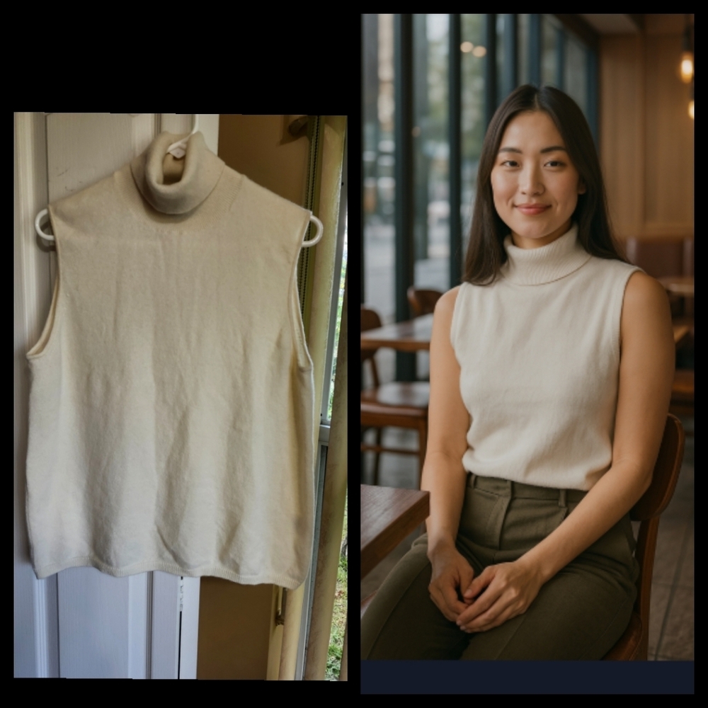 Land’s End Beige cashmere sleeveless Off-white turtleneck size 14-16●